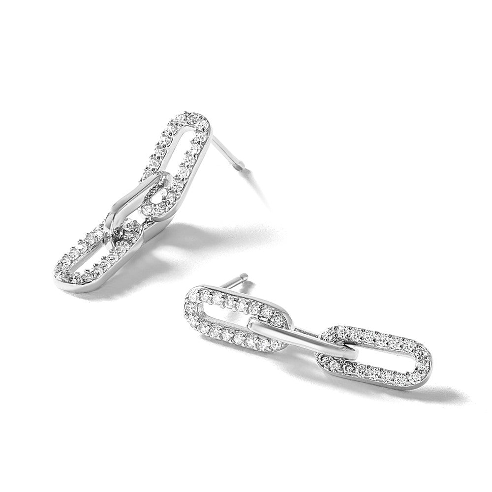 925 Sterling Silver RH Polished CZ Paperclip Link Post Dangle Earrings