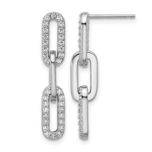 925 Sterling Silver RH Polished CZ Paperclip Link Post Dangle Earrings