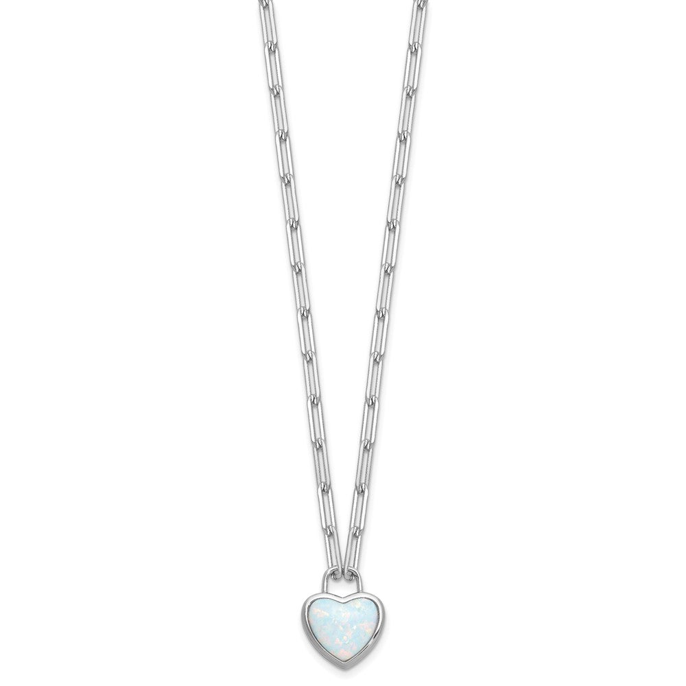 925 Sterling Silver RH Polished Created Opal Heart Paperclip Link Necklace