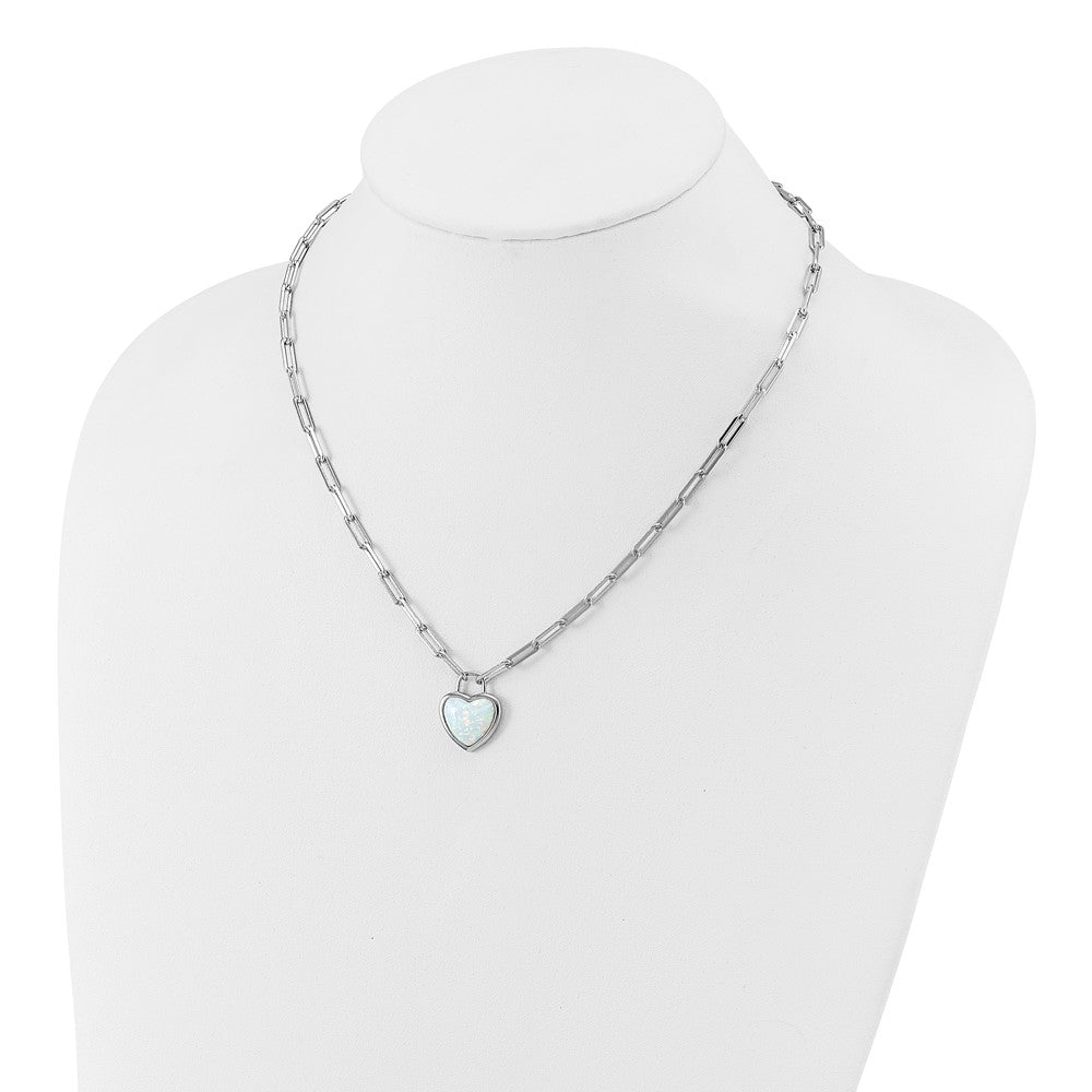 925 Sterling Silver RH Polished Created Opal Heart Paperclip Link Necklace