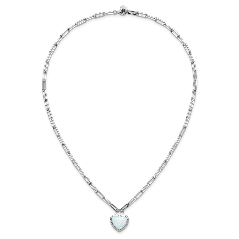 925 Sterling Silver RH Polished Created Opal Heart Paperclip Link Necklace