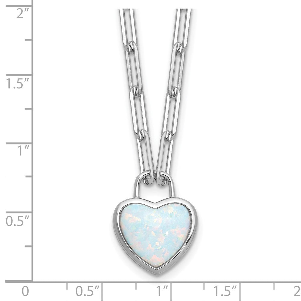 925 Sterling Silver RH Polished Created Opal Heart Paperclip Link Necklace