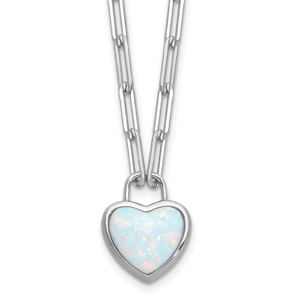925 Sterling Silver RH Polished Created Opal Heart Paperclip Link Necklace