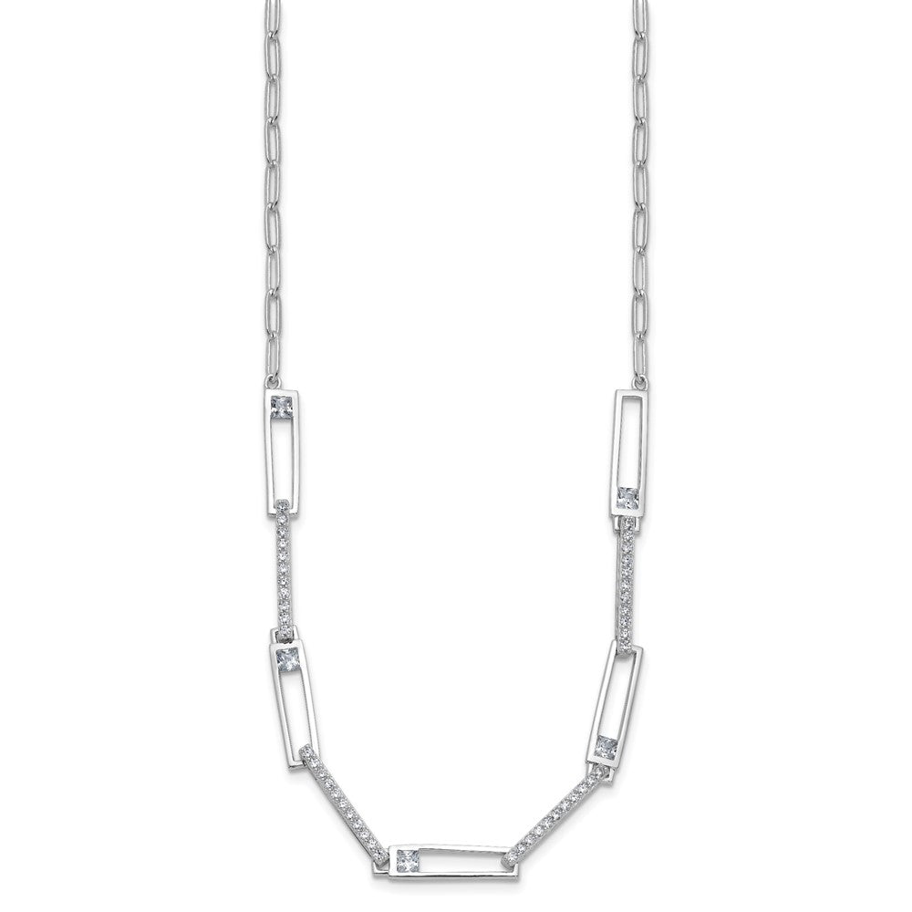 925 Sterling Silver RH Polished Fancy CZ Rectangular & Paperclip Link Necklace