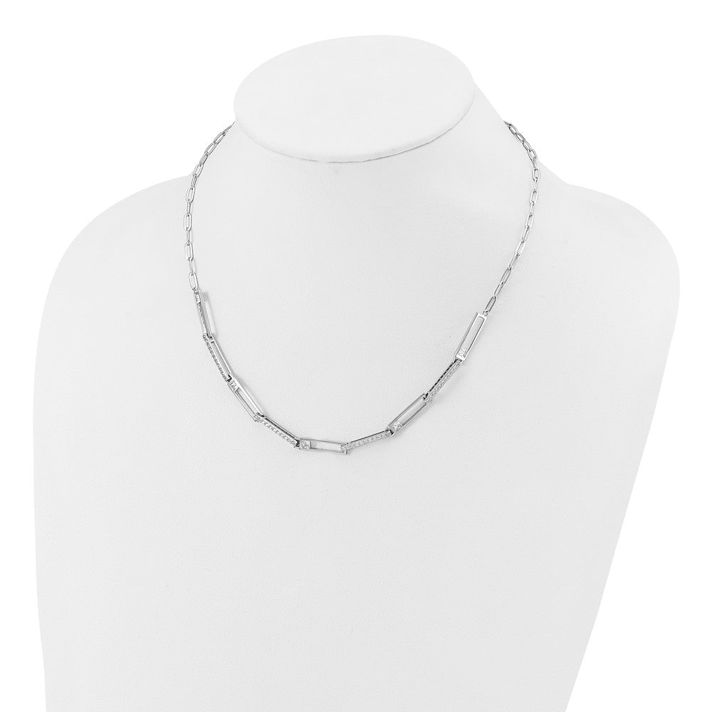 925 Sterling Silver RH Polished Fancy CZ Rectangular & Paperclip Link Necklace