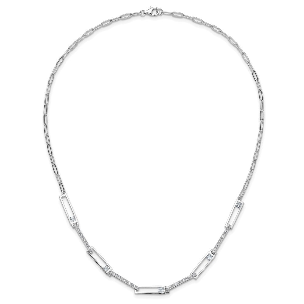 925 Sterling Silver RH Polished Fancy CZ Rectangular & Paperclip Link Necklace