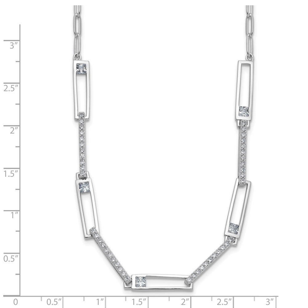925 Sterling Silver RH Polished Fancy CZ Rectangular & Paperclip Link Necklace