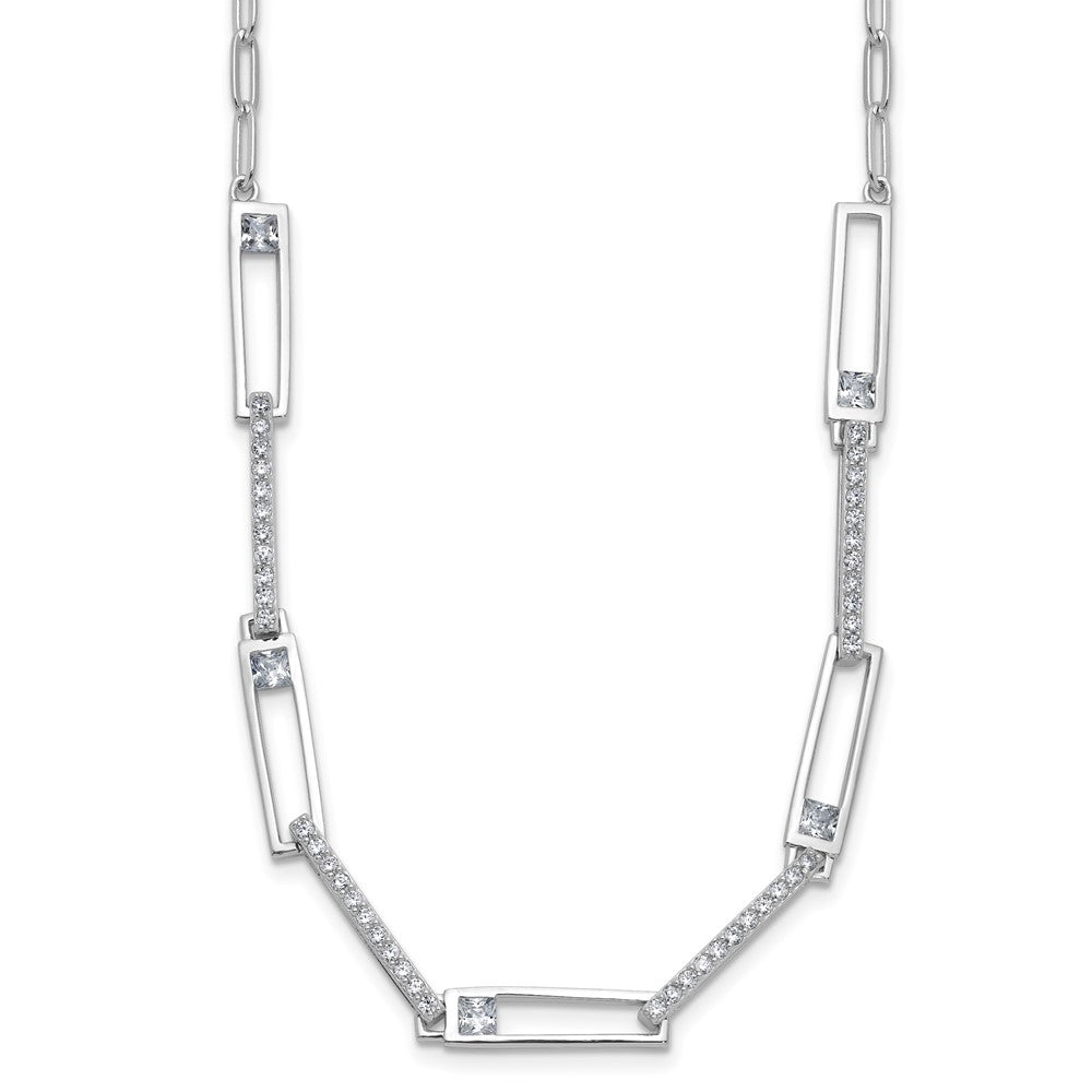 925 Sterling Silver RH Polished Fancy CZ Rectangular & Paperclip Link Necklace