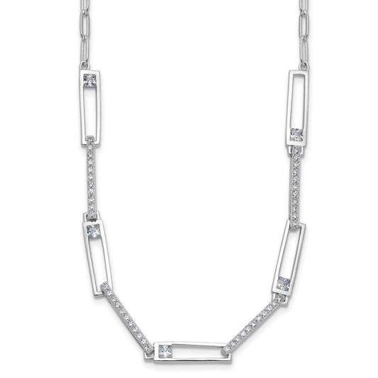 925 Sterling Silver RH Polished Fancy CZ Rectangular & Paperclip Link Necklace
