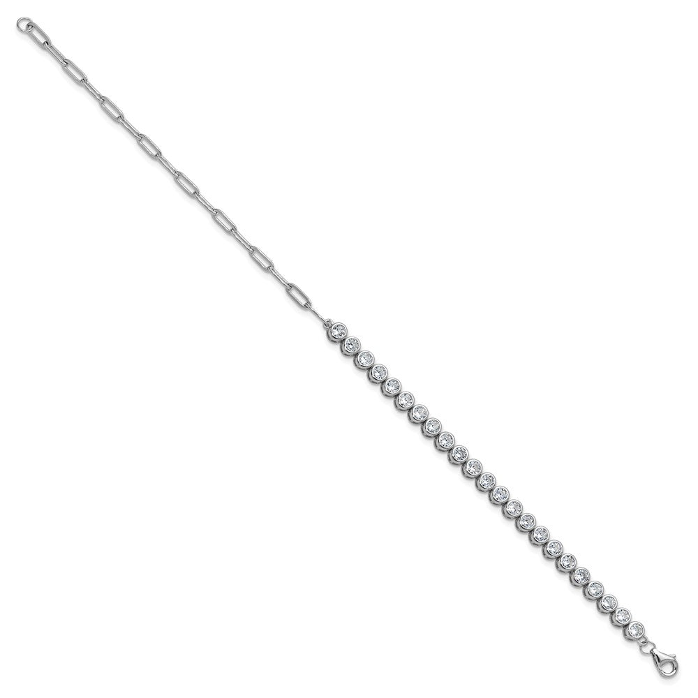 925 Sterling Silver RH Polished Bezel Set CZ & Paperclip Link Bracelet