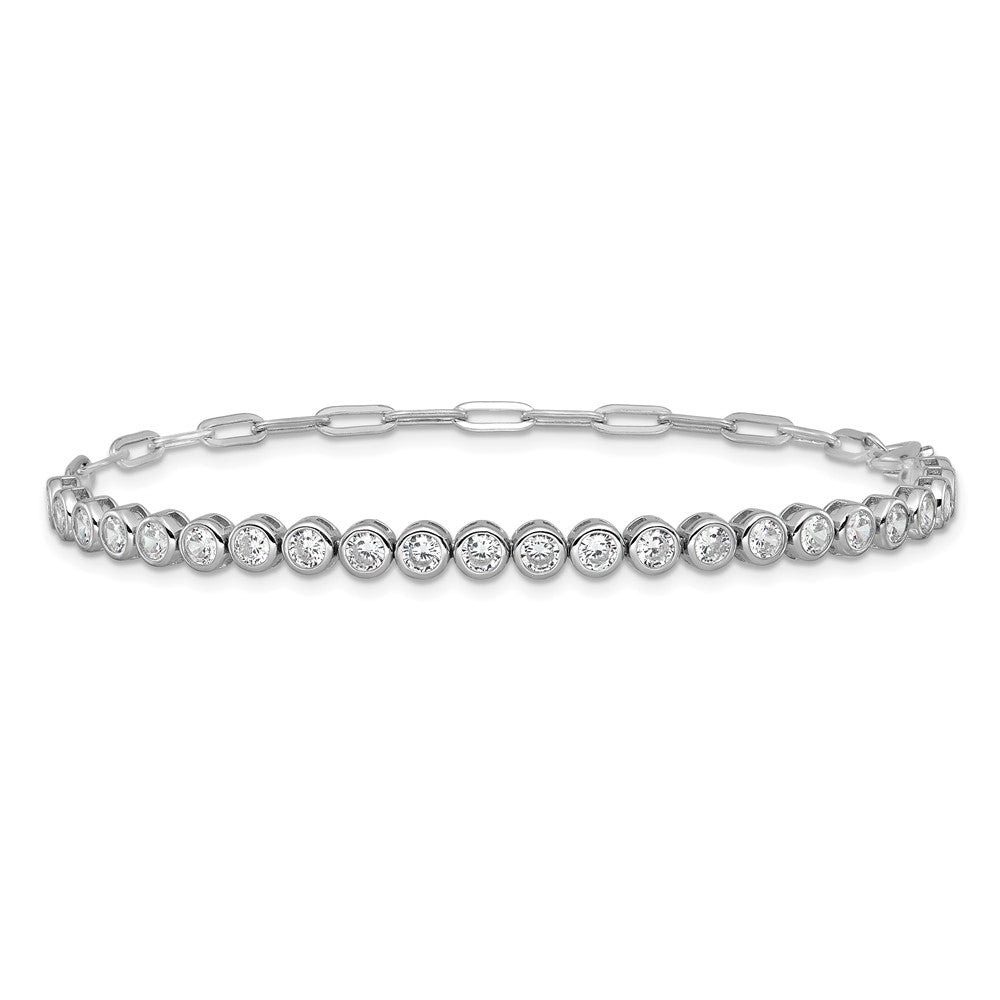 925 Sterling Silver RH Polished Bezel Set CZ & Paperclip Link Bracelet