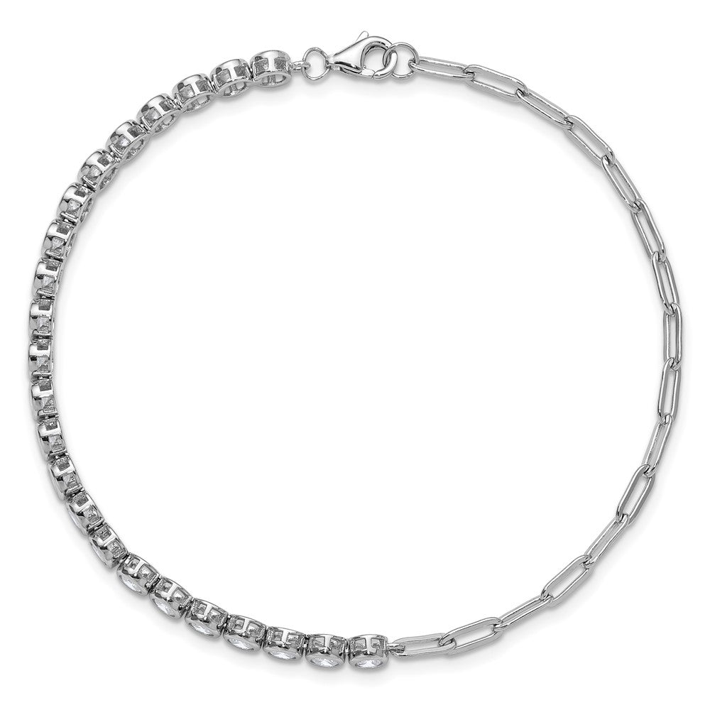 925 Sterling Silver RH Polished Bezel Set CZ & Paperclip Link Bracelet