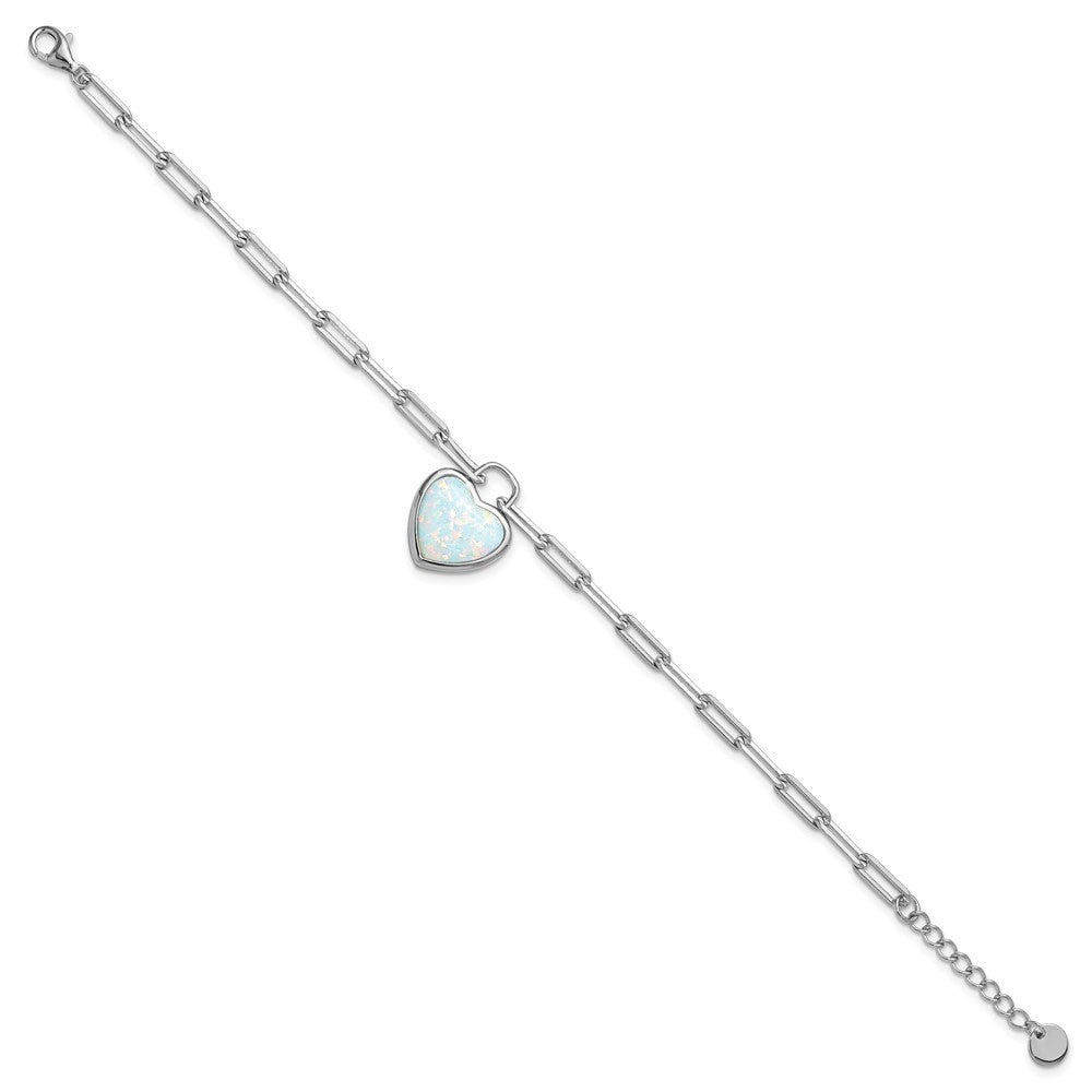 925 Sterling Silver RH Polished Created Opal Heart Paperclip Link w 1" Extension Bracelet