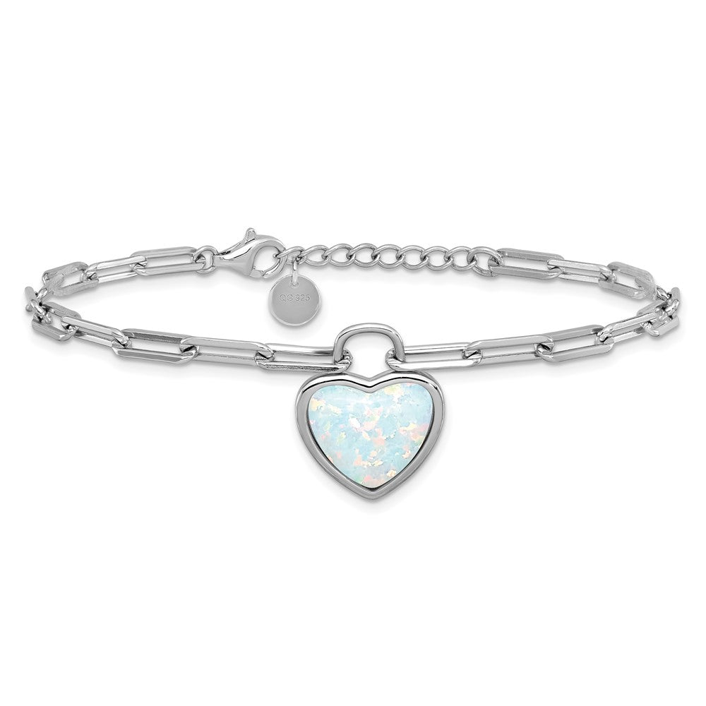 925 Sterling Silver RH Polished Created Opal Heart Paperclip Link w 1" Extension Bracelet