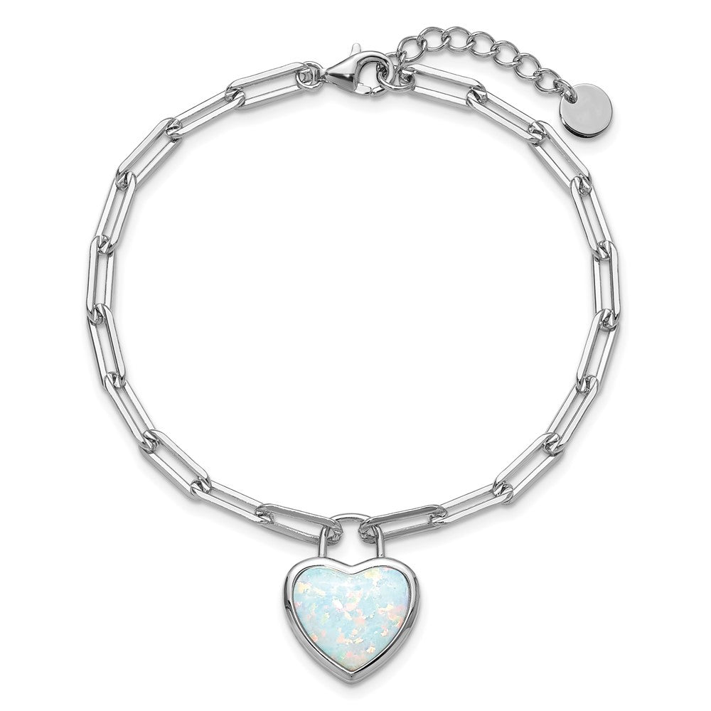 925 Sterling Silver RH Polished Created Opal Heart Paperclip Link w 1" Extension Bracelet