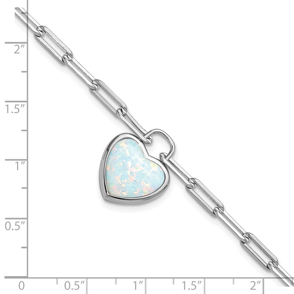 925 Sterling Silver RH Polished Created Opal Heart Paperclip Link w 1" Extension Bracelet