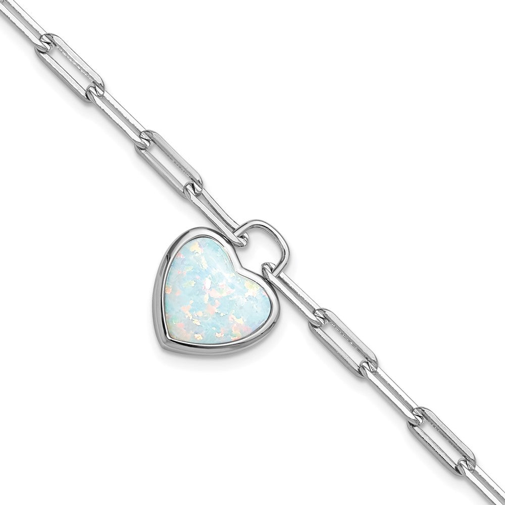 925 Sterling Silver RH Polished Created Opal Heart Paperclip Link w 1" Extension Bracelet