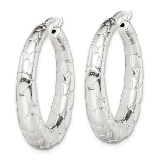 925 Sterling Silver Polished Textured Hoop Earrings, 38.1mm x 35.6mm