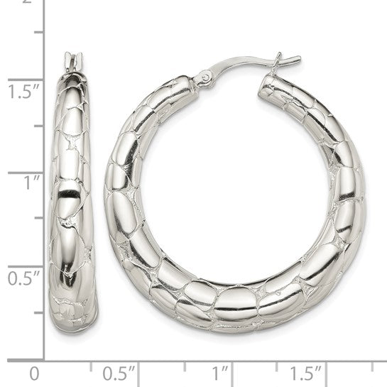 925 Sterling Silver Polished Textured Hoop Earrings, 38.1mm x 35.6mm