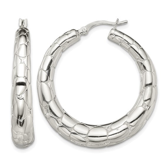 925 Sterling Silver Polished Textured Hoop Earrings, 38.1mm x 35.6mm