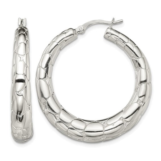 925 Sterling Silver Polished Textured Hoop Earrings, 38.1mm x 35.6mm