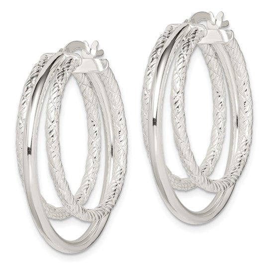 925 Sterling Silver Textured and Polished Hoop Earrings, 32mm x 29.9mm