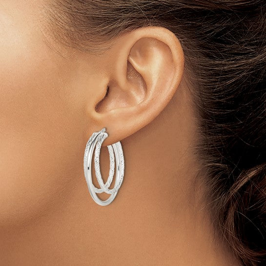 925 Sterling Silver Textured and Polished Hoop Earrings, 32mm x 29.9mm