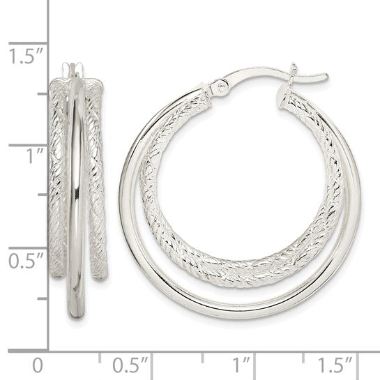 925 Sterling Silver Textured and Polished Hoop Earrings, 32mm x 29.9mm