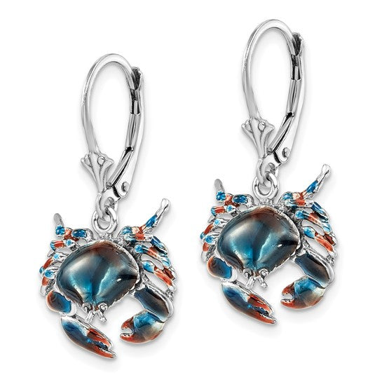 Million Themes 925 Sterling Silver Theme Earrings, Stone Crab Facing Down with Blue Enamel Lever back Earrings