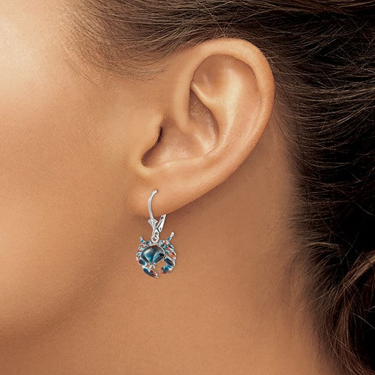 Million Themes 925 Sterling Silver Theme Earrings, Stone Crab Facing Down with Blue Enamel Lever back Earrings