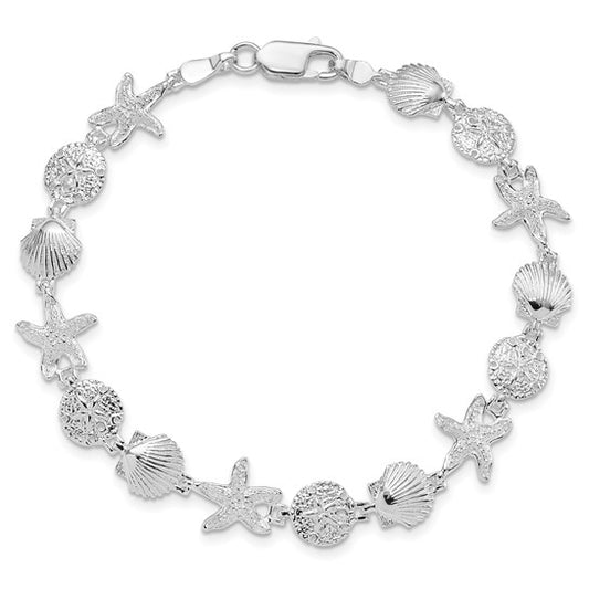 Million Charms 925 Sterling Silver Sand Dollar, Shell & Starfish Charm Link Bracelet, 7.5" Length