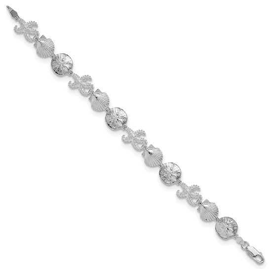 Million Charms 925 Sterling Silver Starfish, Shell & Sand Dollar Charm Link Bracelet, 7.25" Length