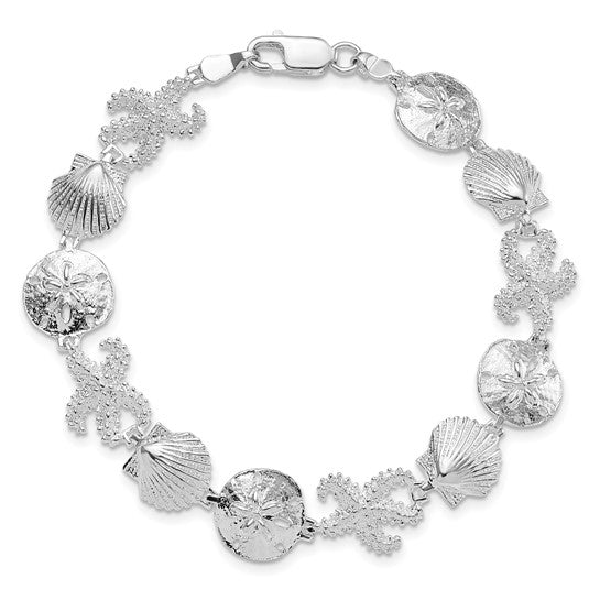 Million Charms 925 Sterling Silver Starfish, Shell & Sand Dollar Charm Link Bracelet, 7.25" Length