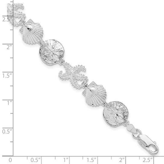 Million Charms 925 Sterling Silver Starfish, Shell & Sand Dollar Charm Link Bracelet, 7.25" Length