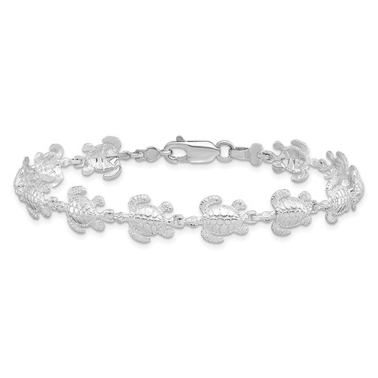 Million Charms 925 Sterling Silver Sea Turtle Charm Link Bracelet, 7.5" Length, High Polish & Textured
