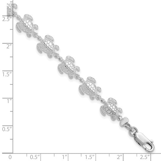 Million Charms 925 Sterling Silver Sea Turtle Charm Link Bracelet, 7.5" Length, High Polish & Textured