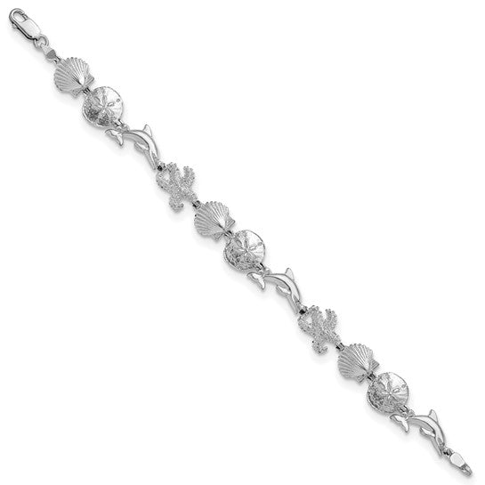 Million Charms 925 Sterling Silver Sea Life Nautical Shell, Sand Dollar, Dolphin & Starfish Charm Bracelet, 7.25" Length