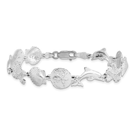 Million Charms 925 Sterling Silver Sea Life Nautical Shell, Sand Dollar, Dolphin & Starfish Charm Bracelet, 7.25" Length