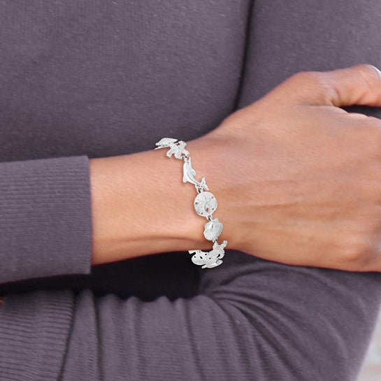 Million Charms 925 Sterling Silver Sea Life Nautical Shell, Sand Dollar, Dolphin & Starfish Charm Bracelet, 7.25" Length