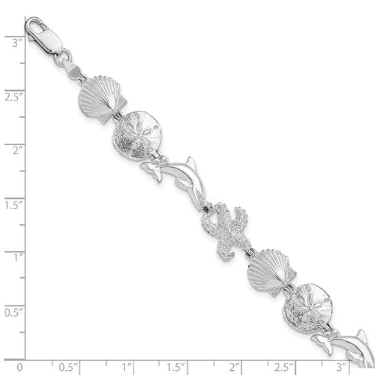 Million Charms 925 Sterling Silver Sea Life Nautical Shell, Sand Dollar, Dolphin & Starfish Charm Bracelet, 7.25" Length