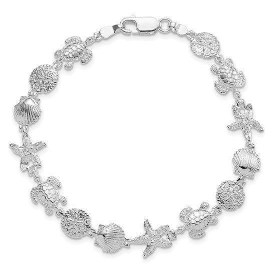 Million Charms 925 Sterling Silver Turtle, Sand Dollar, Shell & Starfish Charm Bracelet, 7.25" Length, High Polish & Texture
