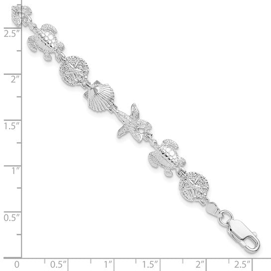 Million Charms 925 Sterling Silver Turtle, Sand Dollar, Shell & Starfish Charm Bracelet, 7.25" Length, High Polish & Texture