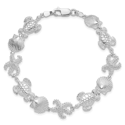 Million Charms 925 Sterling Silver Turtle, Shell & Starfish Charm Link Bracelet, 7.5" Length