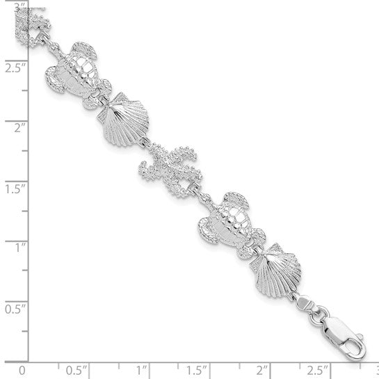 Million Charms 925 Sterling Silver Turtle, Shell & Starfish Charm Link Bracelet, 7.5" Length