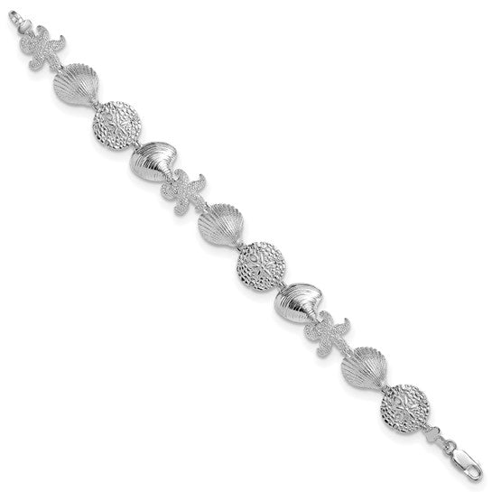 Million Charms 925 Sterling Silver Starfish, Shell, Starfish & Clam Combination Charm Link Bracelet, 7.25" Length