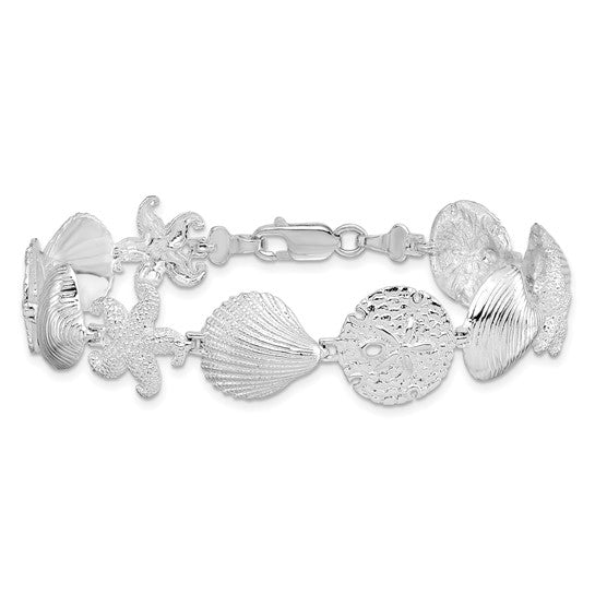 Million Charms 925 Sterling Silver Starfish, Shell, Starfish & Clam Combination Charm Link Bracelet, 7.25" Length