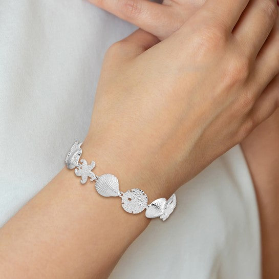 Million Charms 925 Sterling Silver Starfish, Shell, Starfish & Clam Combination Charm Link Bracelet, 7.25" Length