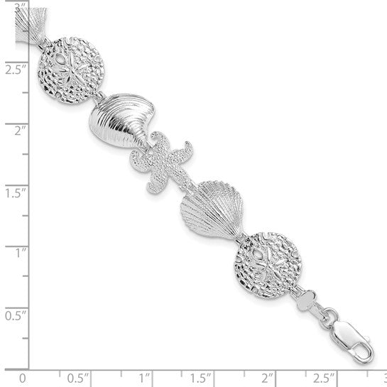 Million Charms 925 Sterling Silver Starfish, Shell, Starfish & Clam Combination Charm Link Bracelet, 7.25" Length