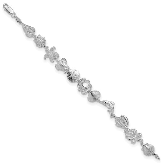 Million Charms 925 Sterling Silver Nautical Sea Life Multi Shell & Sea life Charm Link Bracelet, 7.25"" Length