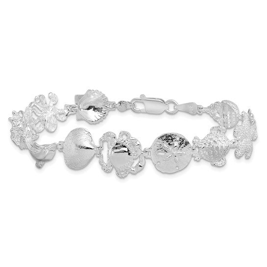 Million Charms 925 Sterling Silver Nautical Sea Life Multi Shell & Sea life Charm Link Bracelet, 7.25"" Length